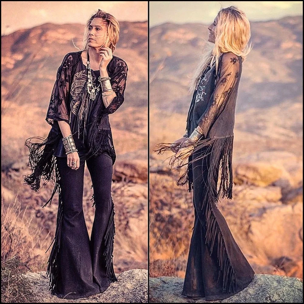 SHORT LENGTH Hip Hugger Fringe Bell Bottoms in BLACK SOLID - Sizes XS S M L XL - Picture 1 of 13